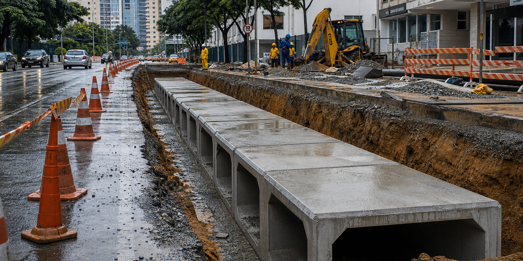 Galeria pluvial em construção para reduzir alagamentos no centro de Avaré