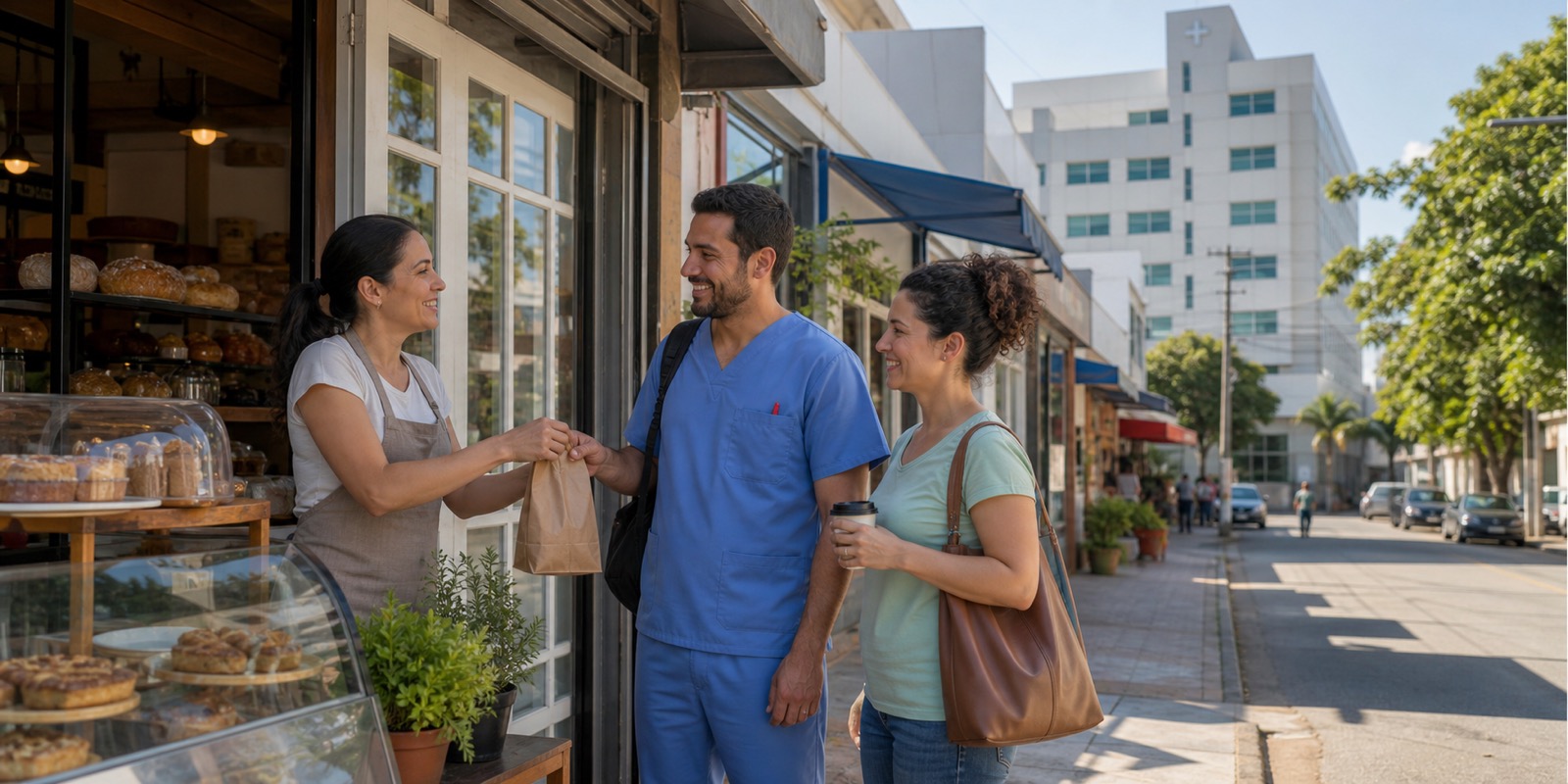Comerciante atende profissional de saúde em rua próxima a hospital, mostrando movimento no comércio local.