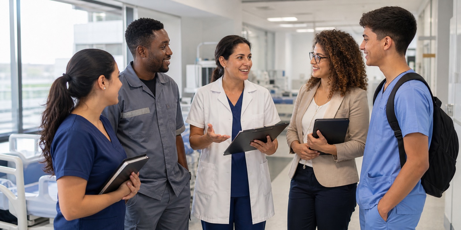 Profissionais conversam em ambiente hospitalar sobre empregos, treinamento e impacto econômico para a cidade.