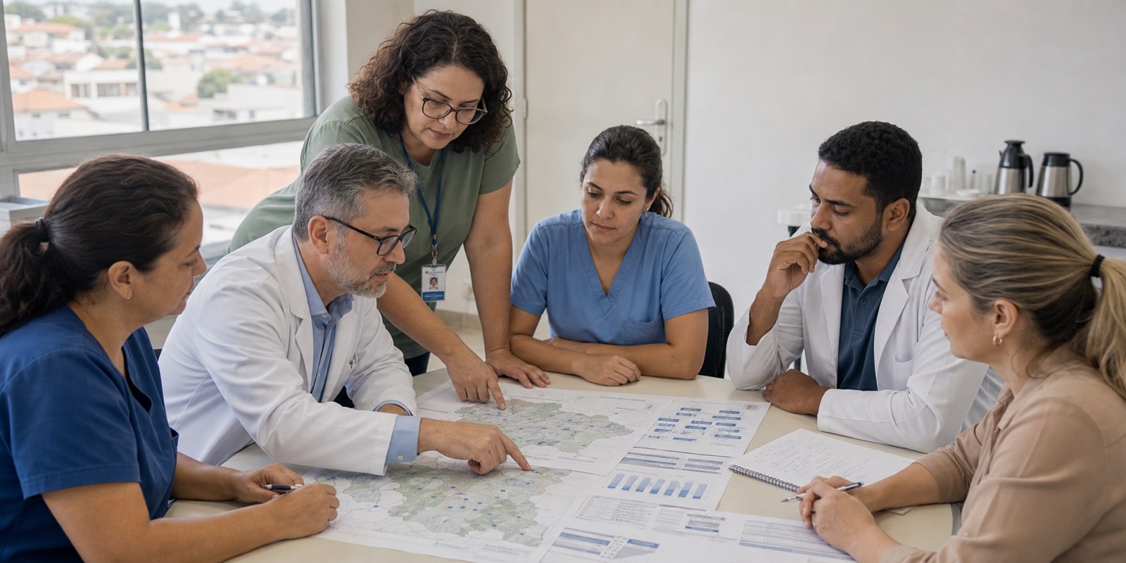 Equipe multiprofissional analisa mapas e fluxos de pacientes para planejar a rede do Hospital Avaré.