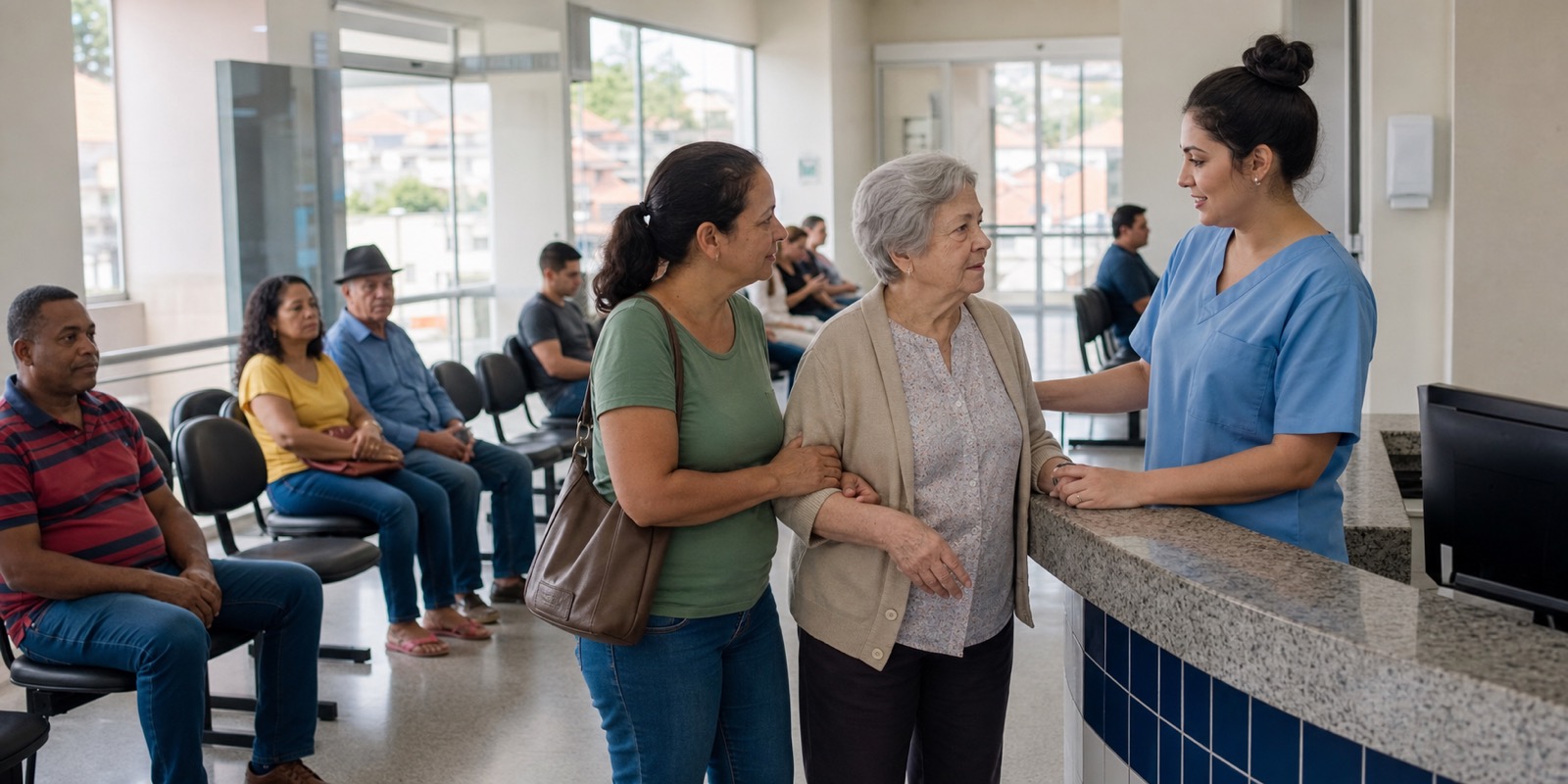 Paciente idosa com familiar recebe orientação em recepção de saúde, ilustrando Hospital Avaré e cuidado regional.