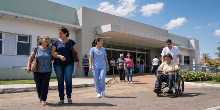 Cena de hospital regional com pacientes e profissionais, ilustrando acesso à saúde perto de casa.