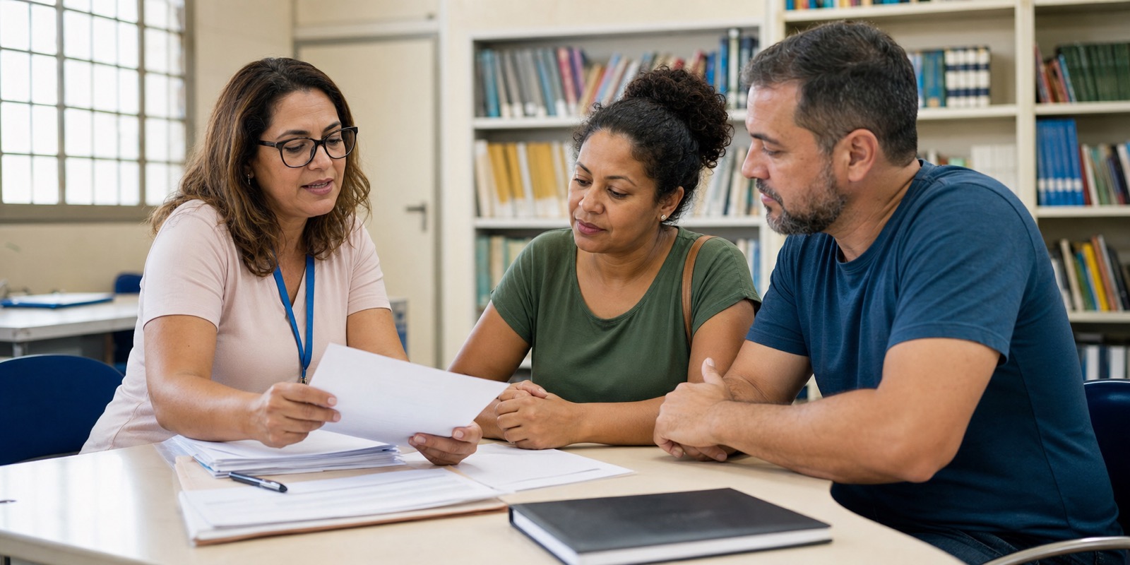 Responsáveis e equipe escolar revisam documentos sobre proteção da criança e educação.