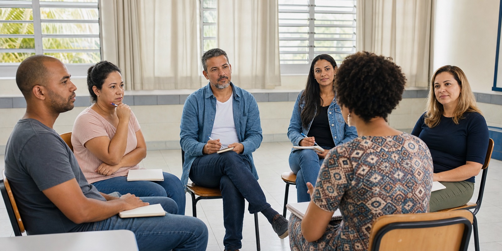 Grupo de famílias conversa com a escola em reunião calma para fazer perguntas objetivas.