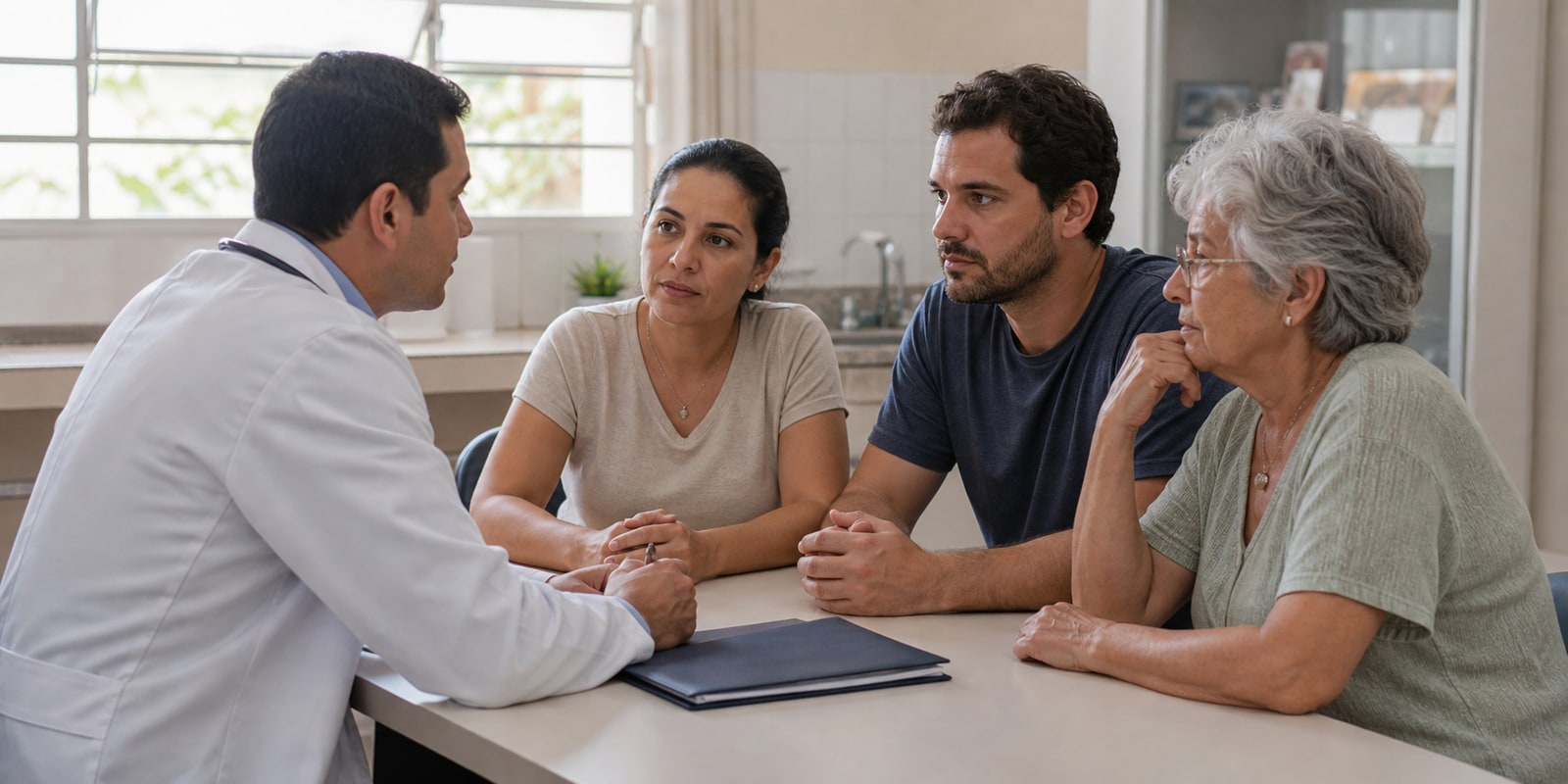 Família conversa com profissional de saúde sobre bioética, prudência e cuidado médico.