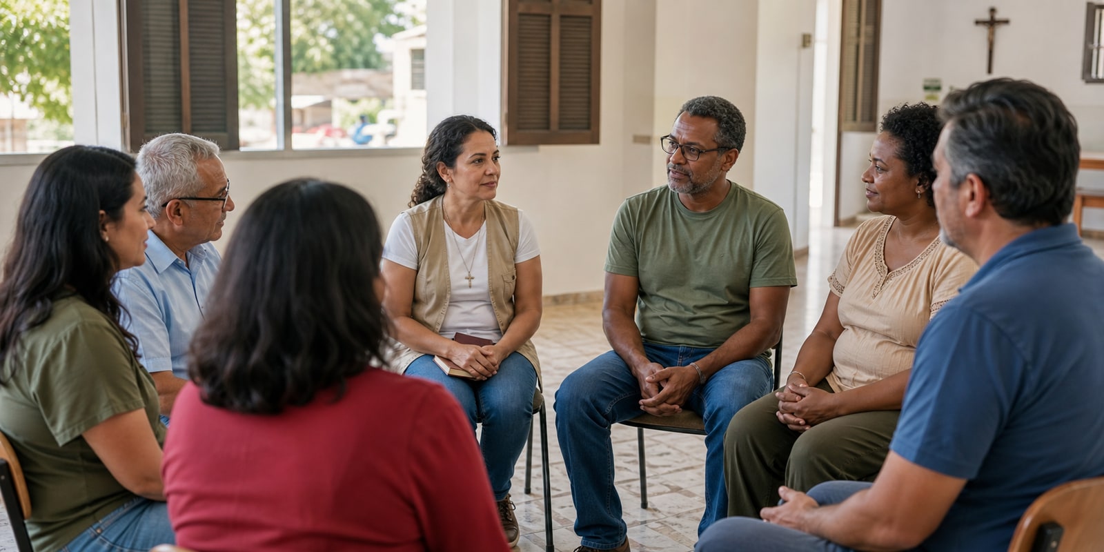 Pessoas em diálogo comunitário sobre a Igreja Católica, dignidade e convivência respeitosa.