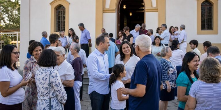 Comunidade católica reunida em frente a uma igreja para conversar sobre direito à vida e cuidado social.
