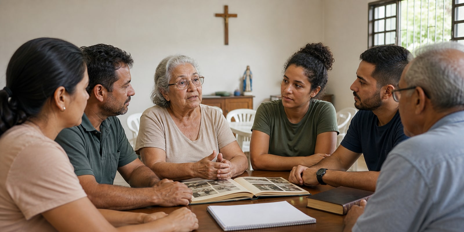 Grupo em comunidade católica conversando sobre dignidade humana e cuidado com a vida.