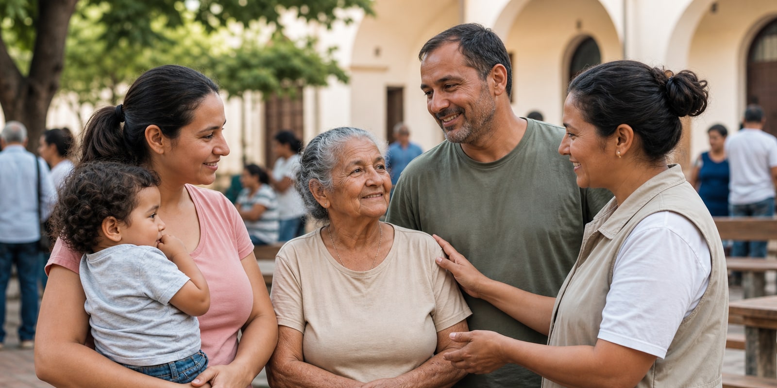 Família com criança e idosa recebendo apoio comunitário em ambiente de cuidado.