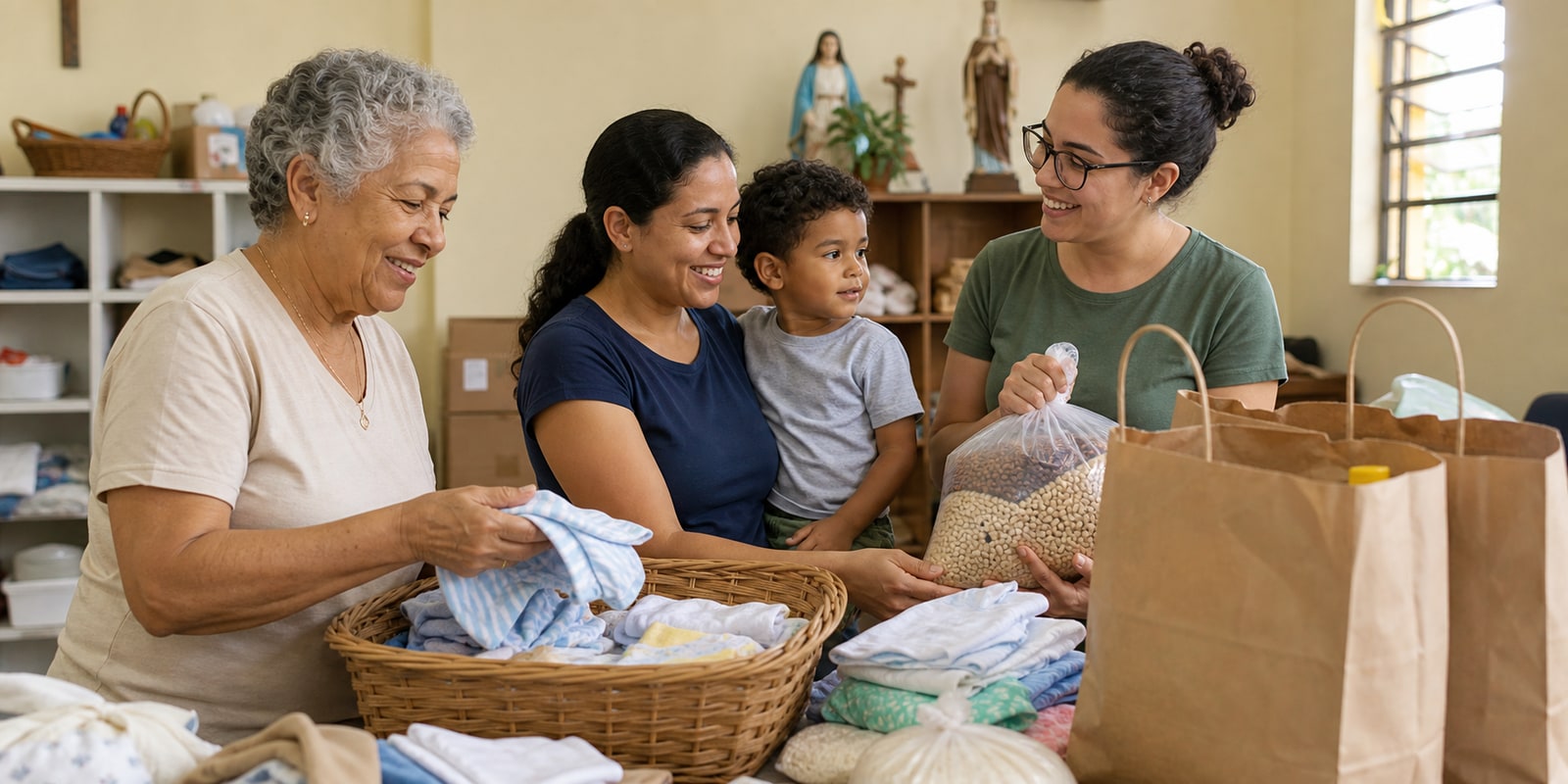 Voluntários organizam apoio material para famílias, crianças e idosos da comunidade.