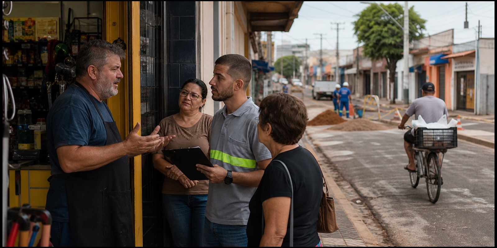 Comerciante conversa com moradores durante melhoria viária ligada à infraestrutura Avaré.