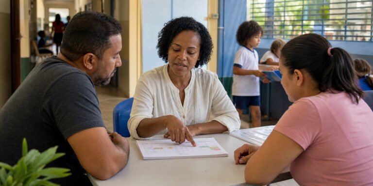 Reunião entre família e coordenação escolar sobre integridade infantil e transparência na rotina.