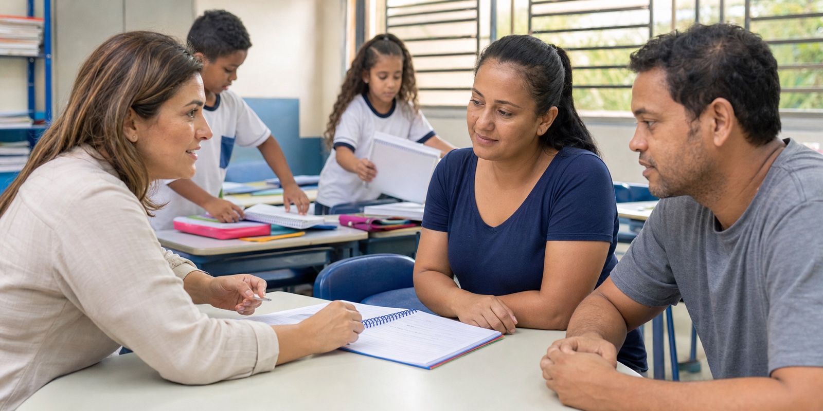 Professora conversa com responsáveis sobre transparência curricular e rotina escolar.