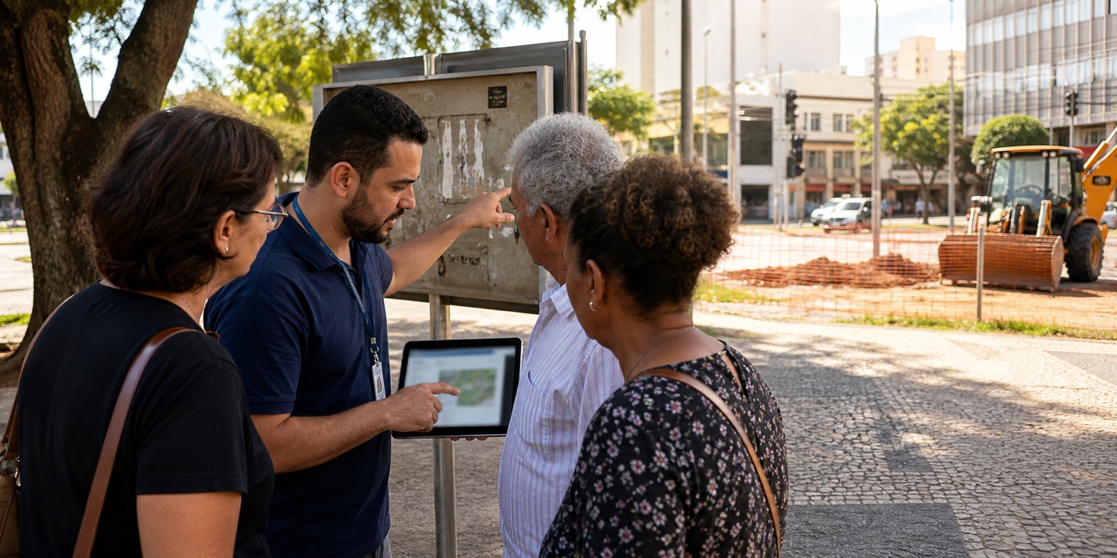 Moradores observam obra pública e acompanham informações sobre melhorias no território.