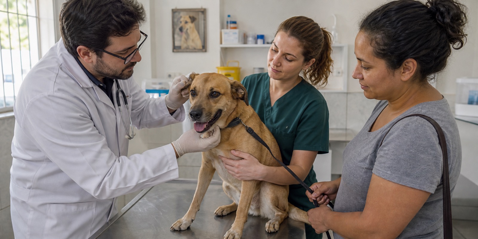 Família recebe orientação sobre proteção animal em atendimento público com cão e caixa de transporte.