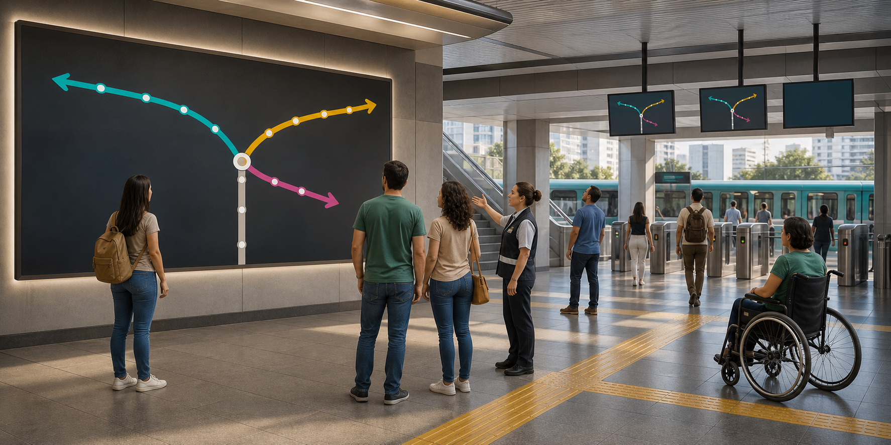 Painel abstrato mostra três destinos da Linha 17-Ouro em estação de metrô