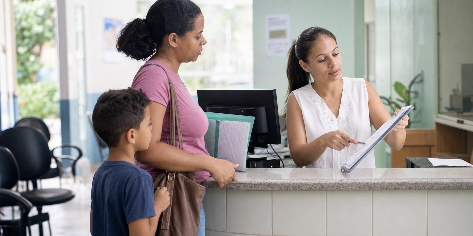 Mãe atípica com filho recebe orientação sobre encaminhamento em recepção de unidade de saúde.