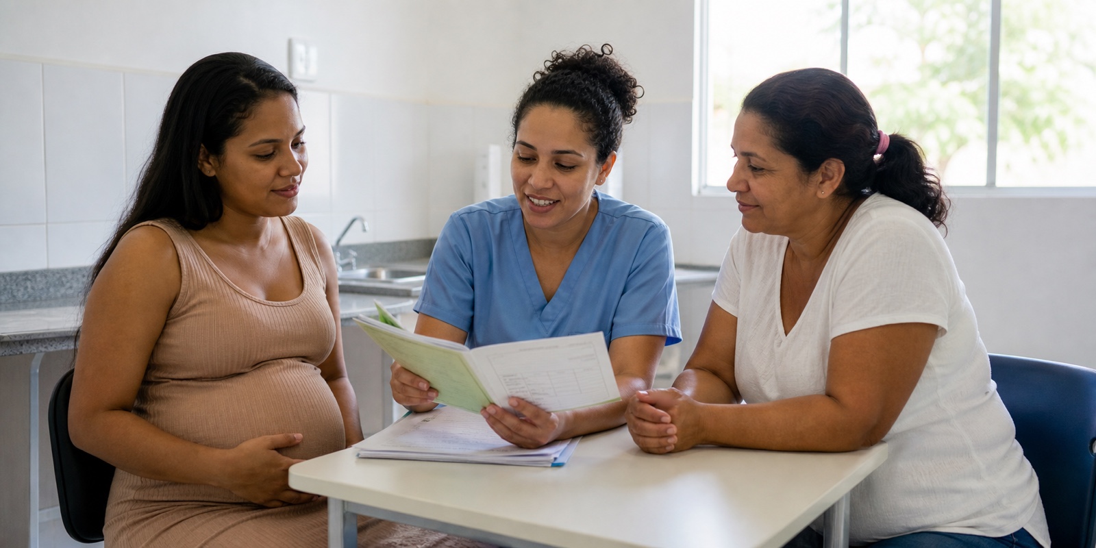 Gestante revisa documentos de pré-natal no SUS com profissional de saúde.