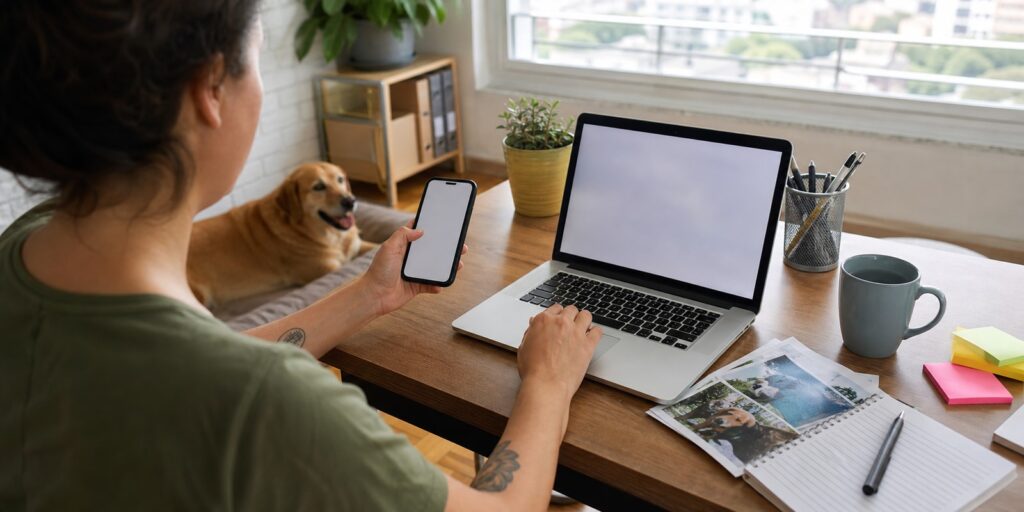 Pessoa organiza fotos e anotações para registrar maus-tratos animais pela Delegacia Eletrônica em computador.
