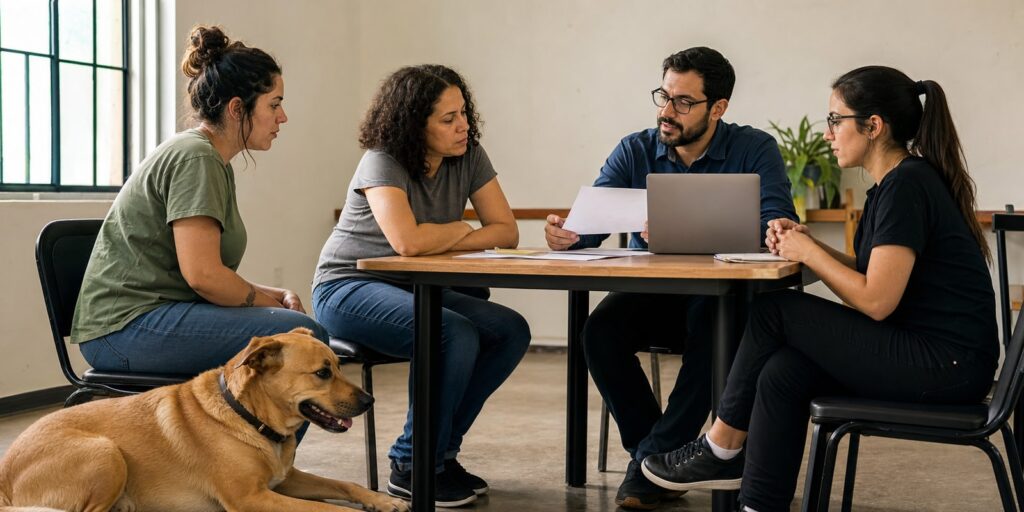 Grupo recebe orientação sobre Lei Sansão e maus-tratos animais em reunião comunitária com cão calmo no ambiente.