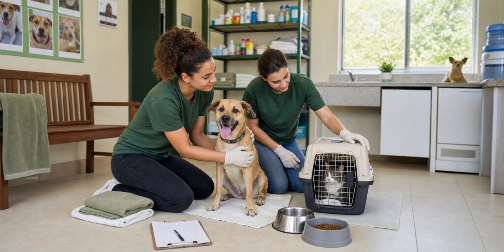 Voluntárias acolhem cão e gato em ambiente limpo após orientação sobre maus-tratos animais e proteção comunitária.