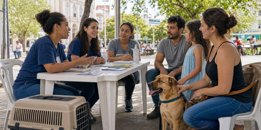 Voluntárias conversam com família sobre prevenção de maus-tratos animais e guarda responsável em praça comunitária.