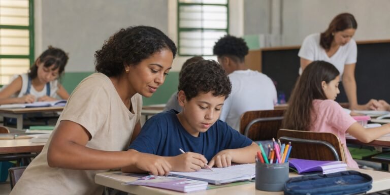 Mediador escolar orienta aluno autista em sala de aula inclusiva.