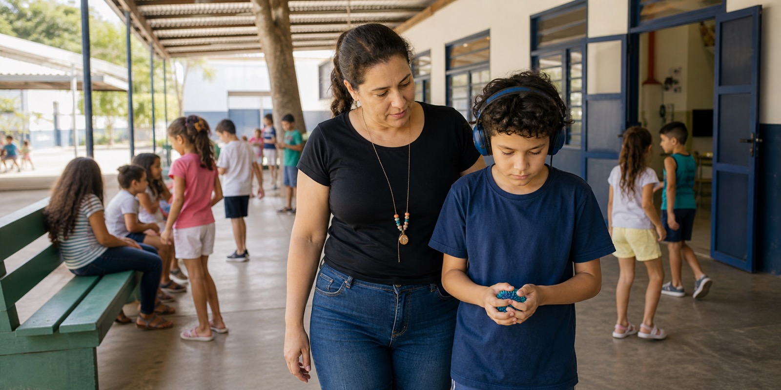 Mediador escolar acompanha aluno autista em transição no ambiente da escola.