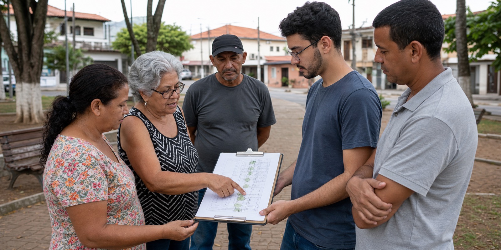 Mobilização cidadã começa com moradores definindo objetivo claro em praça do bairro.