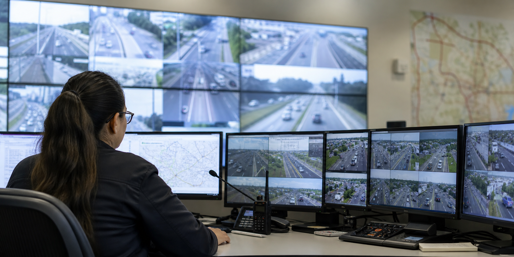 Centro de monitoramento acompanhando cameras de rodovias em tempo real