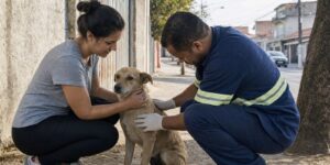 Multa por abandono animal em SP associada ao cuidado de um cão por voluntária e agente de campo.