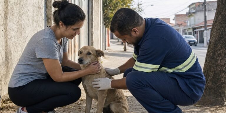 Cuidado de um cão por voluntária e agente de campo em pauta de proteção animal.