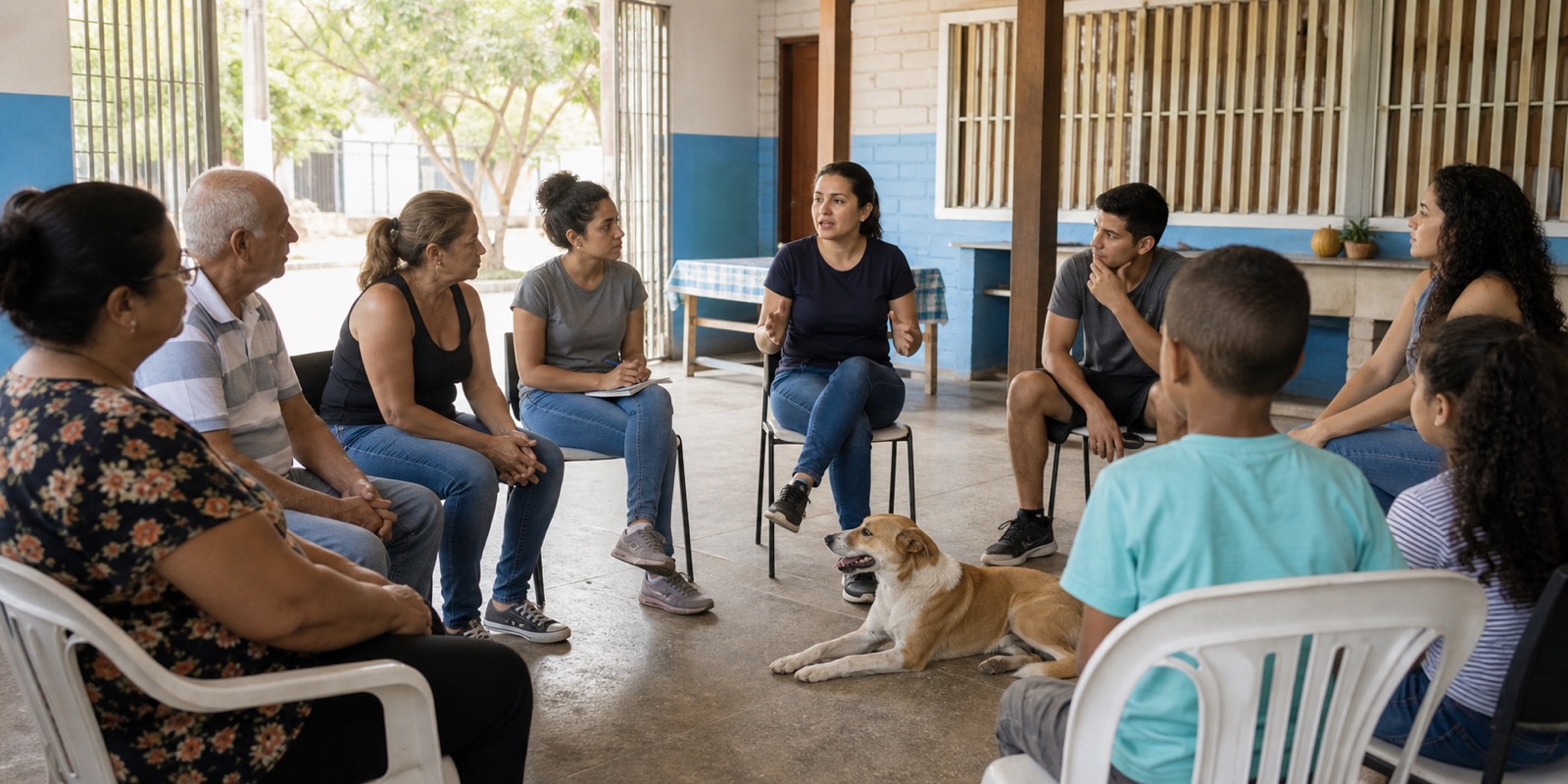 Veterinário examina um cão acolhido com apoio de voluntária e tutora responsável.