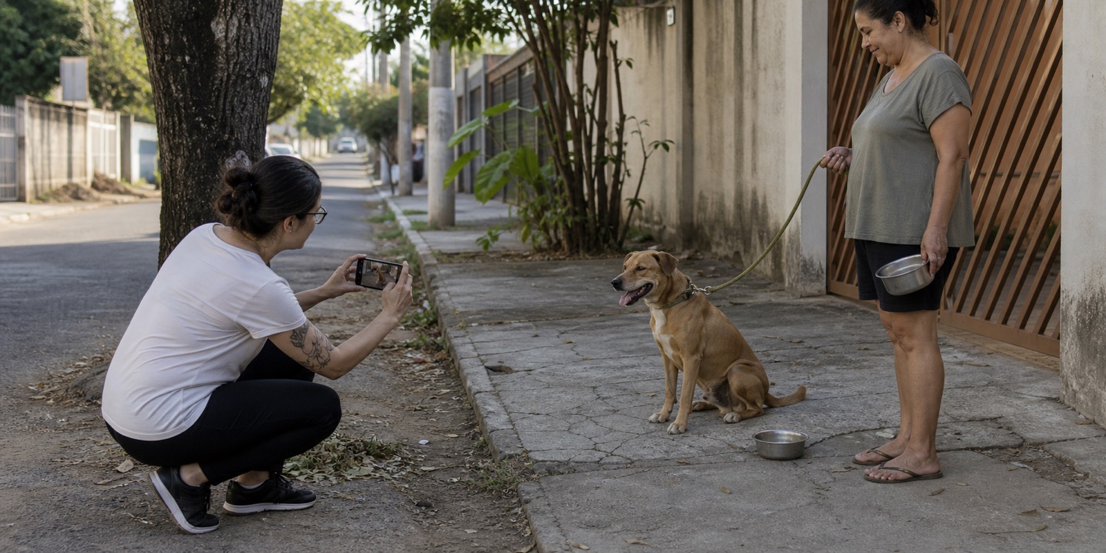 Tutora organiza documentos de guarda responsável ao lado de um cão em casa.