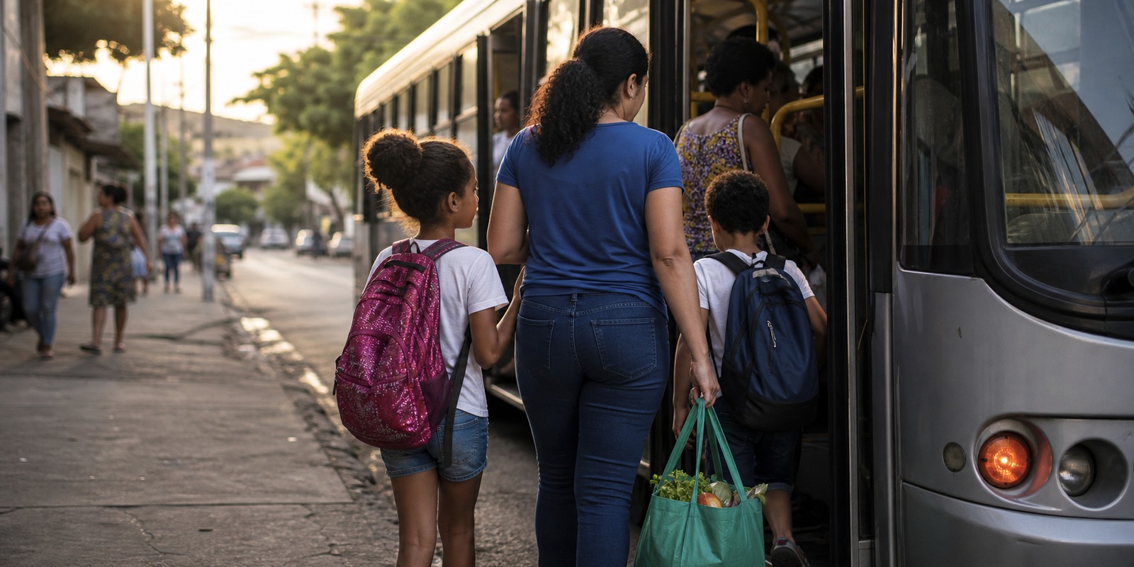Família embarca em ônibus de bairro, representando o impacto da passagem de ônibus na renda familiar.