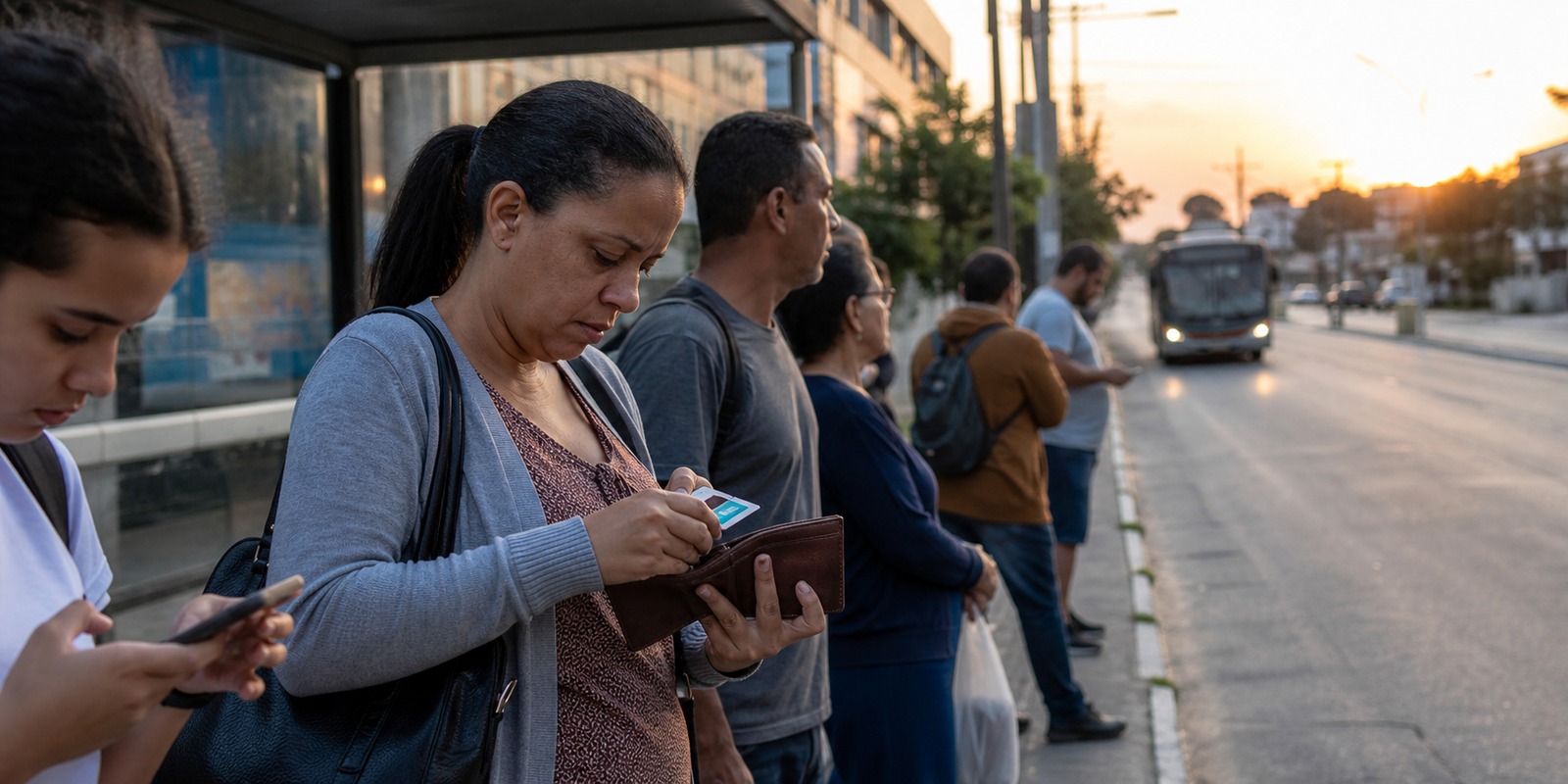 Trabalhadores e estudantes aguardam ônibus, cena sobre passagem de ônibus e rotina de renda familiar.