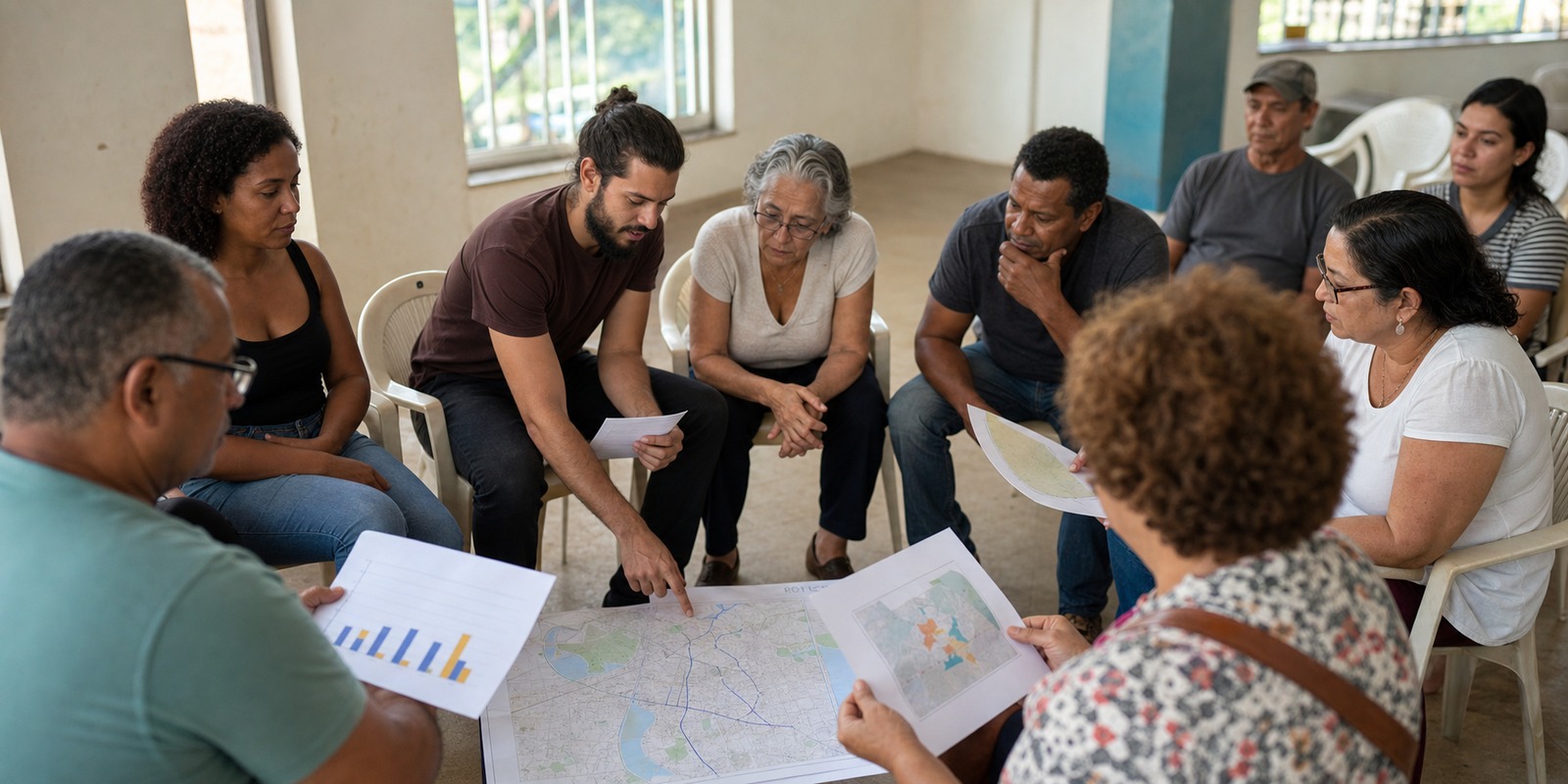 Moradores discutem mapas e custos de transporte em reunião sobre passagem de ônibus e orçamento público.