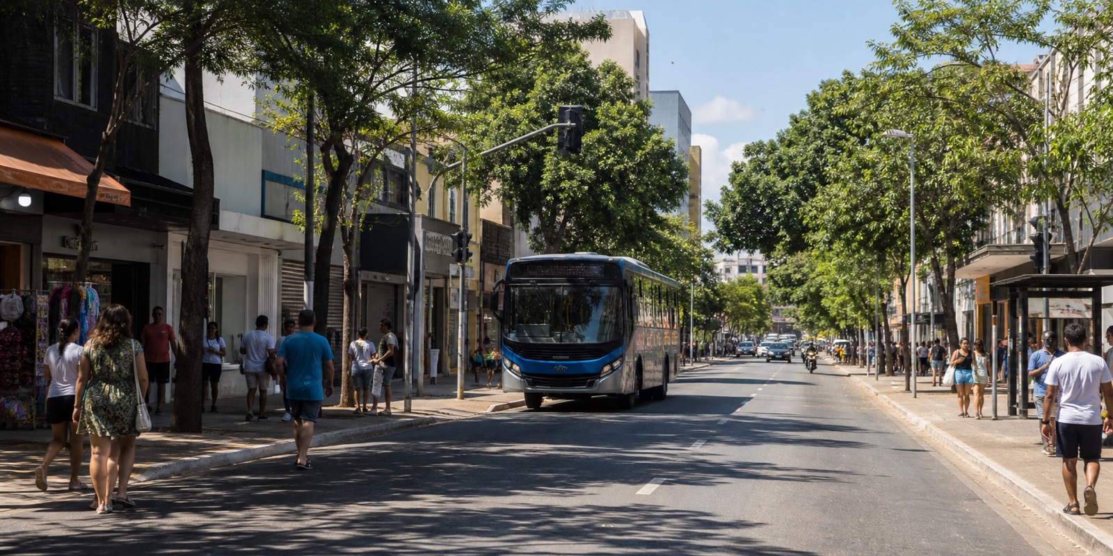 Ônibus circula em rua comercial, mostrando relação entre passe livre, mobilidade e economia local.