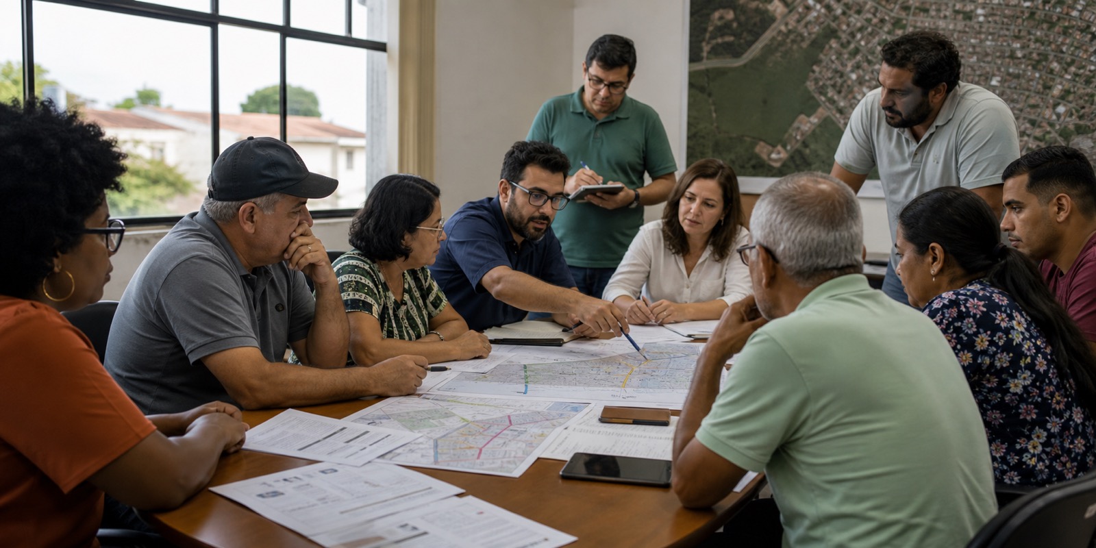 Moradores e técnicos analisam mapas e custos para estudo de viabilidade do passe livre.
