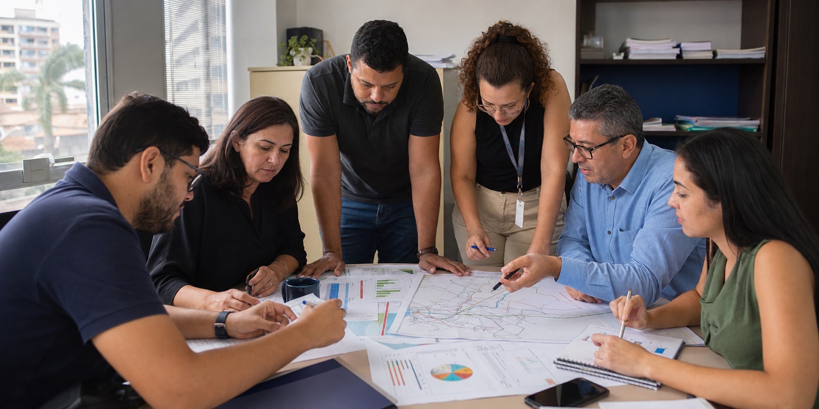 Equipe analisa orçamento e mapas para calcular financiamento do passe livre municipal.