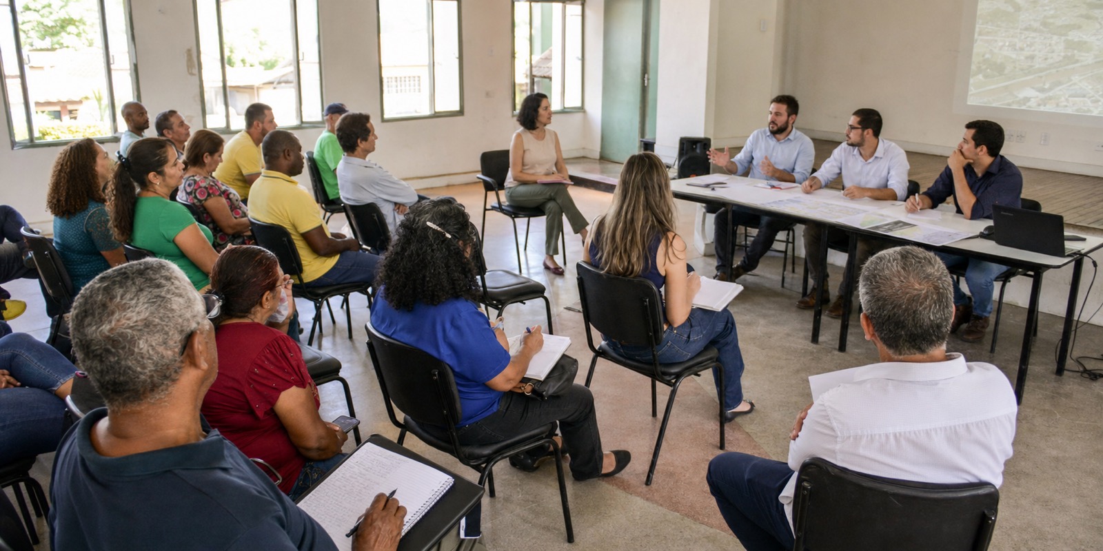 Moradores participam de reunião pública sobre prioridades do passe livre e transporte local.