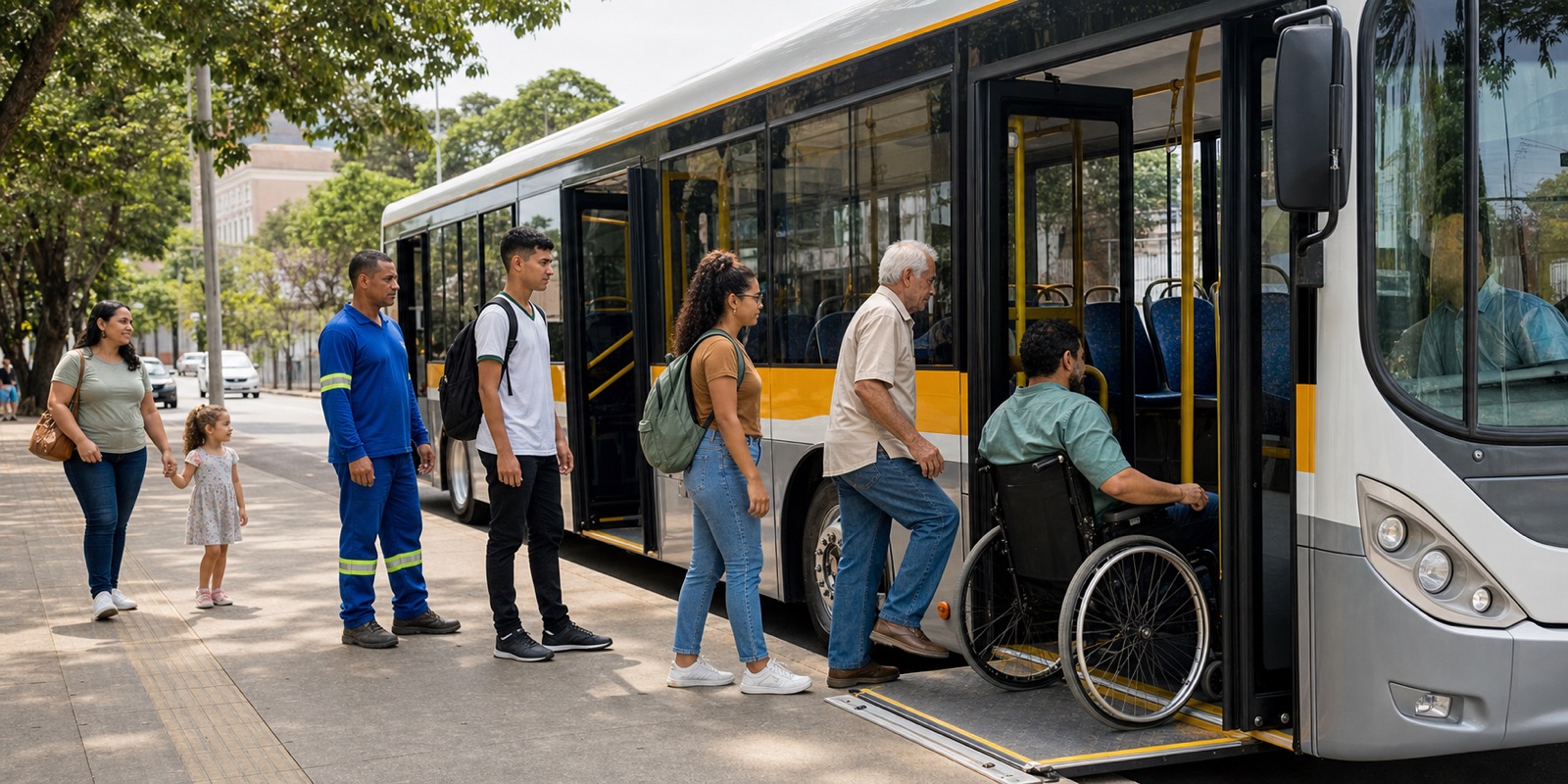 Usuários embarcam em ônibus acessível, representando passe livre com inclusão e mobilidade diária.