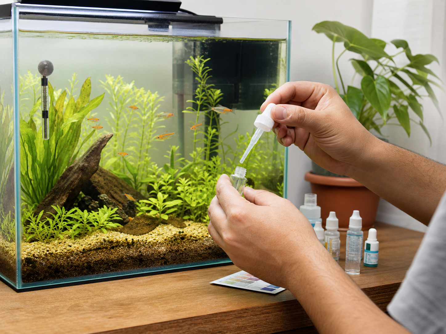 Mãos testam a água de um aquário doméstico com peixes