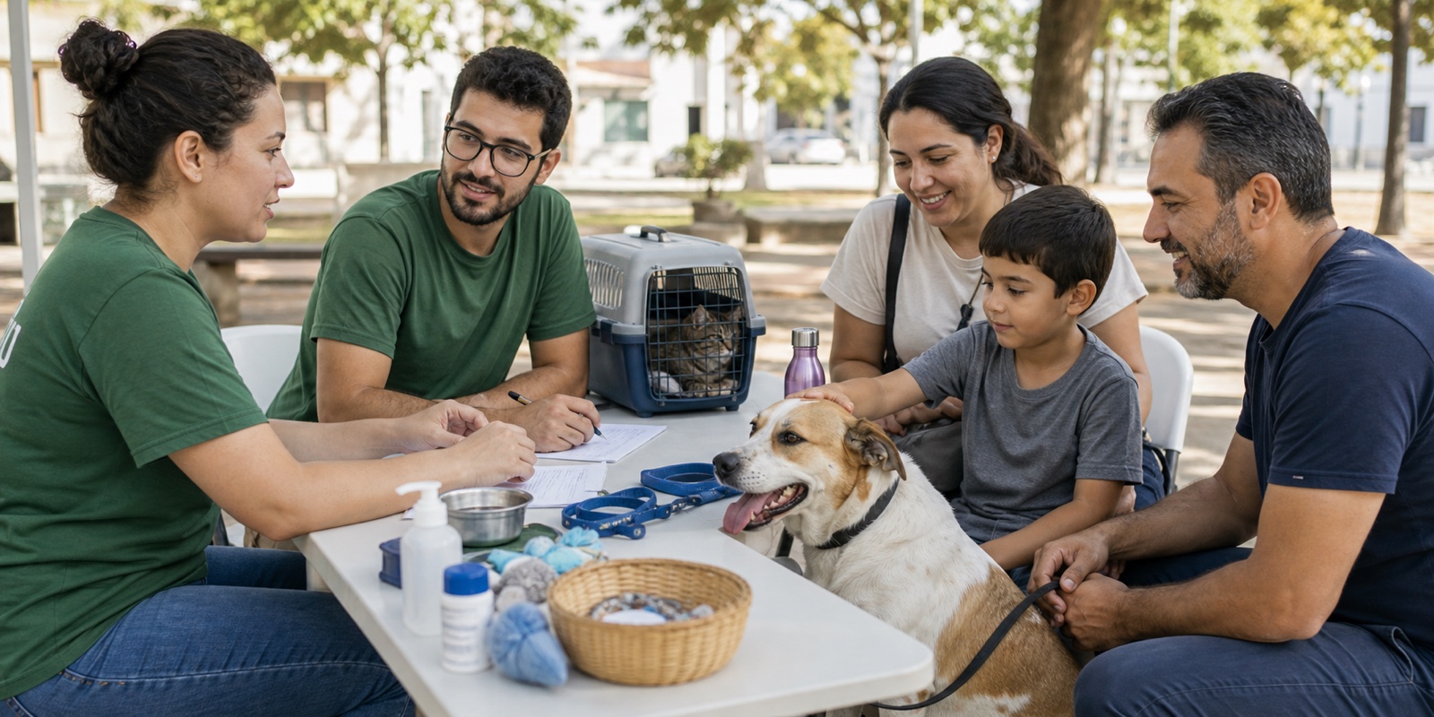 Voluntários orientam família sobre adoção responsável em ação de proteção animal.