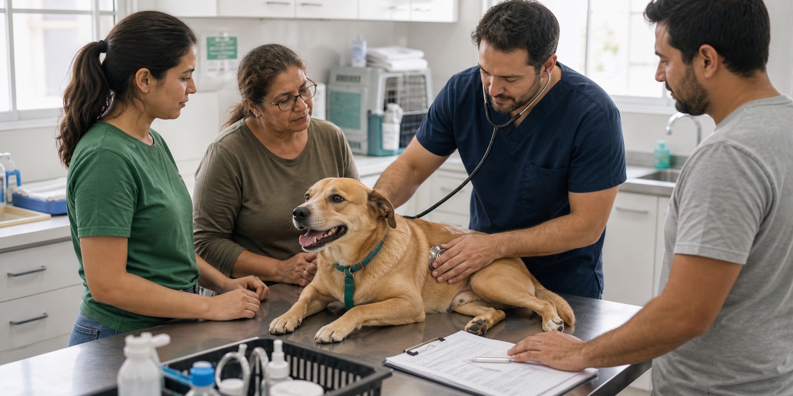 Veterinário examina cão saudável com voluntários após registro de proteção animal.