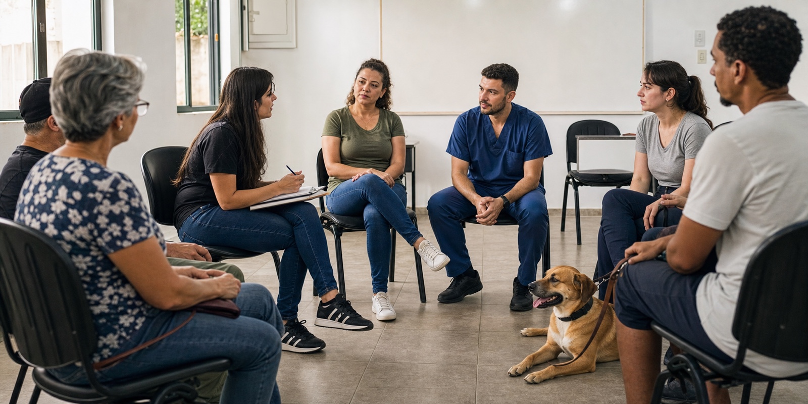 Moradores e voluntários discutem penas contra maus-tratos em reunião comunitária sobre proteção animal.