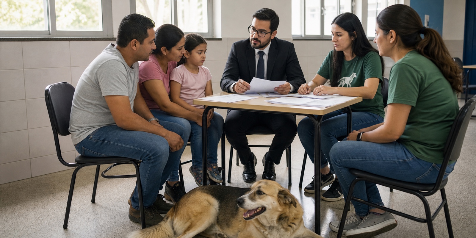 Família e voluntários recebem orientação sobre penas contra maus-tratos e documentos de proteção animal.