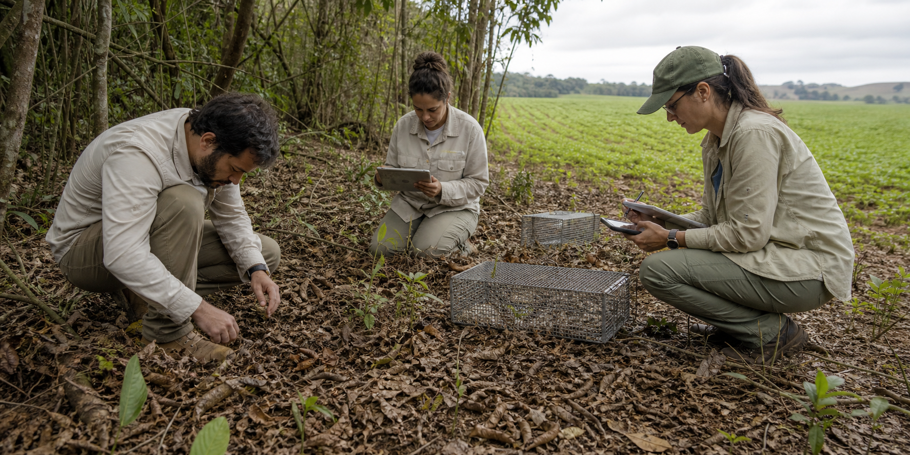 Pesquisadores observam vegetação e armadilhas de estudo em borda de floresta e área agrícola