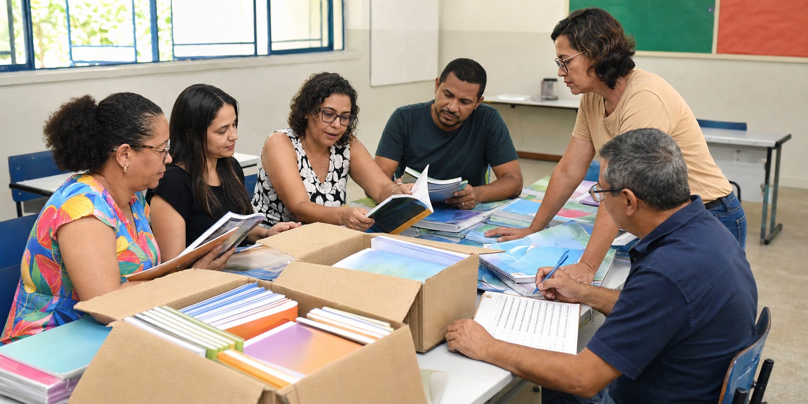 Educadores e famílias observam livros didáticos em reunião escolar sobre transparência do PNLD.