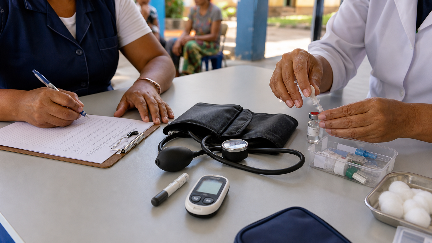 Mesa de atendimento com materiais de prevenção em campanha de saúde